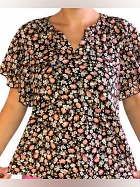 PerSeption Concept Black Floral Short Sleeve Blouse with Pink & Cream Flowers